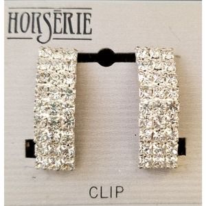 Horserie Brand Rhinestone & Silver-tone Arc-shape Clip-on Earrings NWOT
